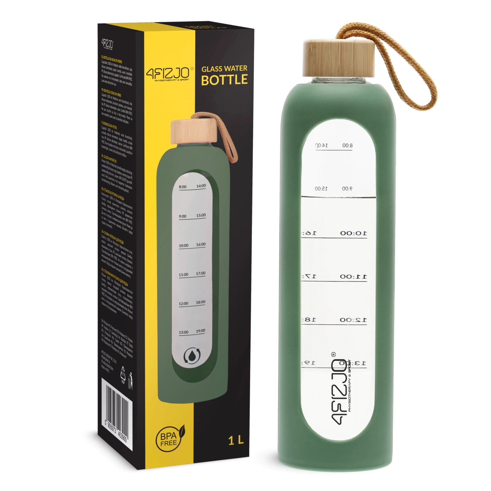 4Fizjo 1569 Glass Water Bottle with Silicone Sleeve, 1 L, Olive