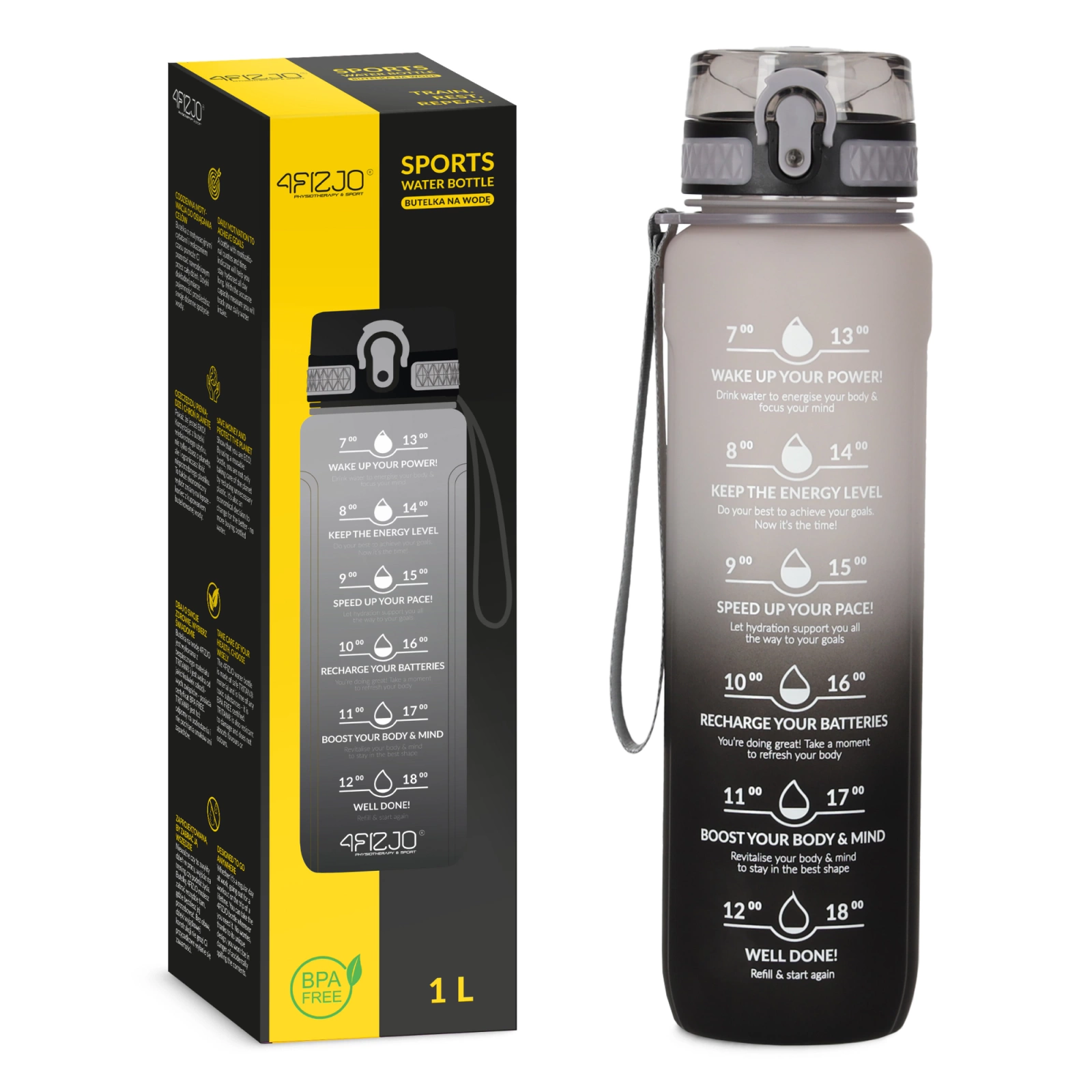 4Fizjo Motivational Sports Water Bottle 1L, Grey