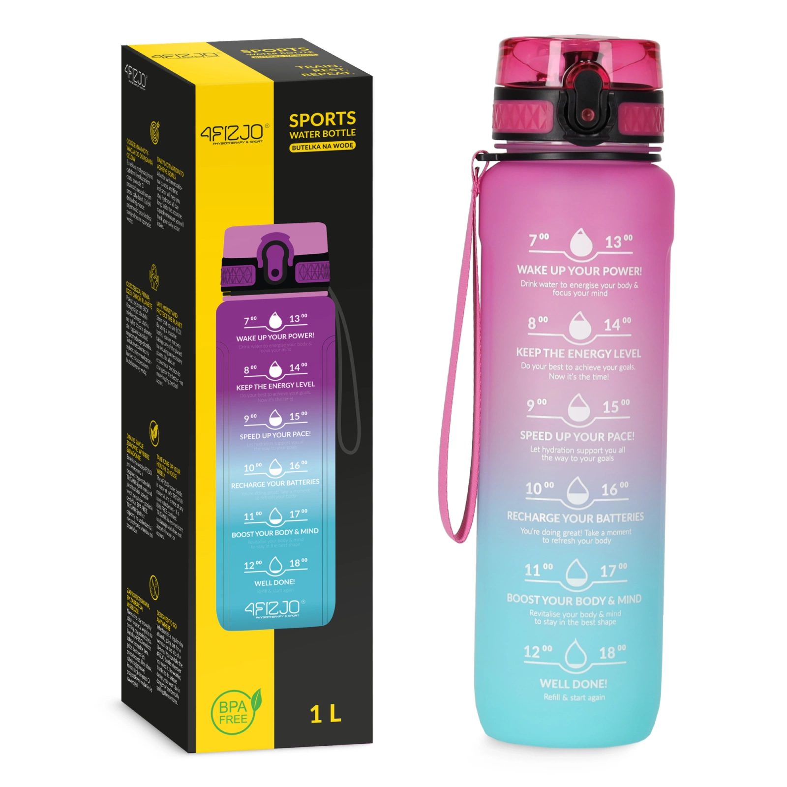 4Fizjo 1295 Motivational Tritan Water Bottle 1L, Blue/Pink