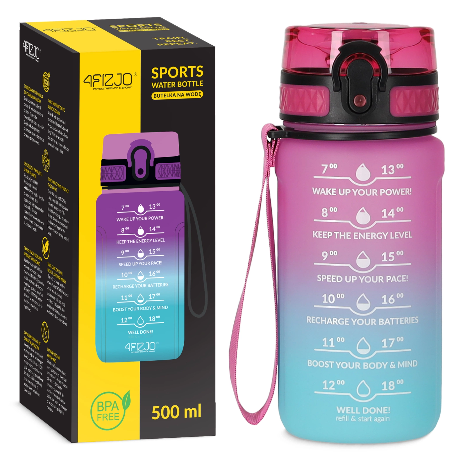 4Fizjo Motivational Sports Water Bottle, 500 ml, Pink/Blue