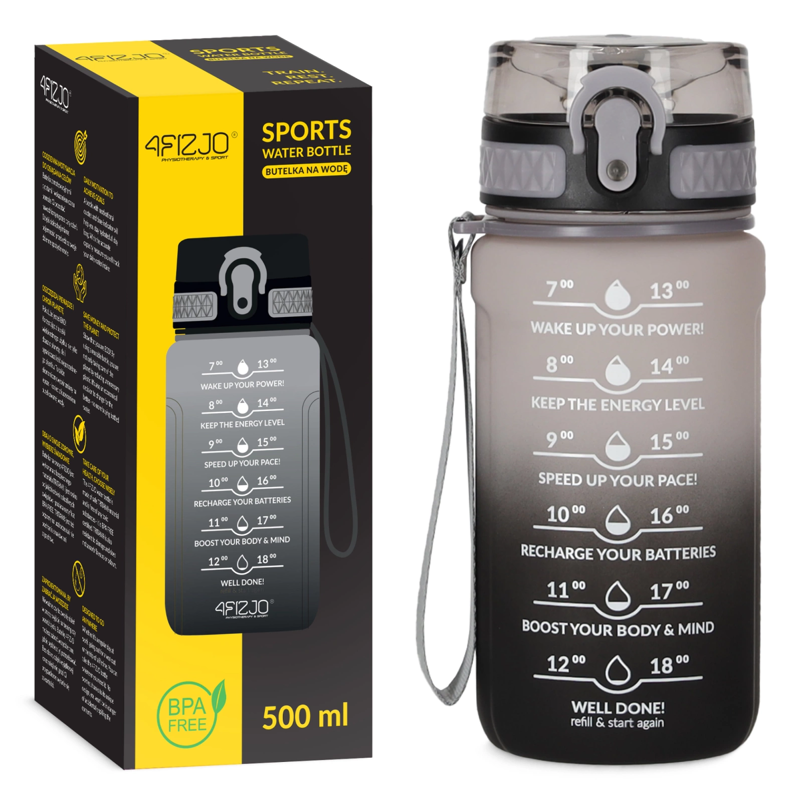 4Fizjo 1307 Motivational Sports Water Bottle, 500 ml, Grey