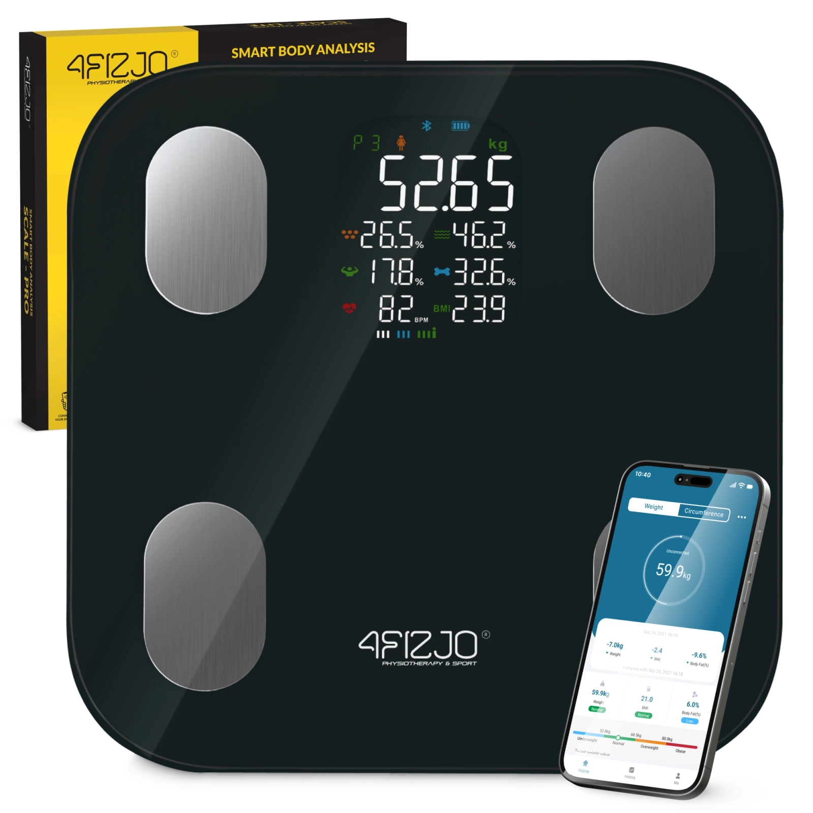 4Fizjo 1521 PRO išmaniosios svarstyklės su Bluetooth ir Wi-Fi, juodos