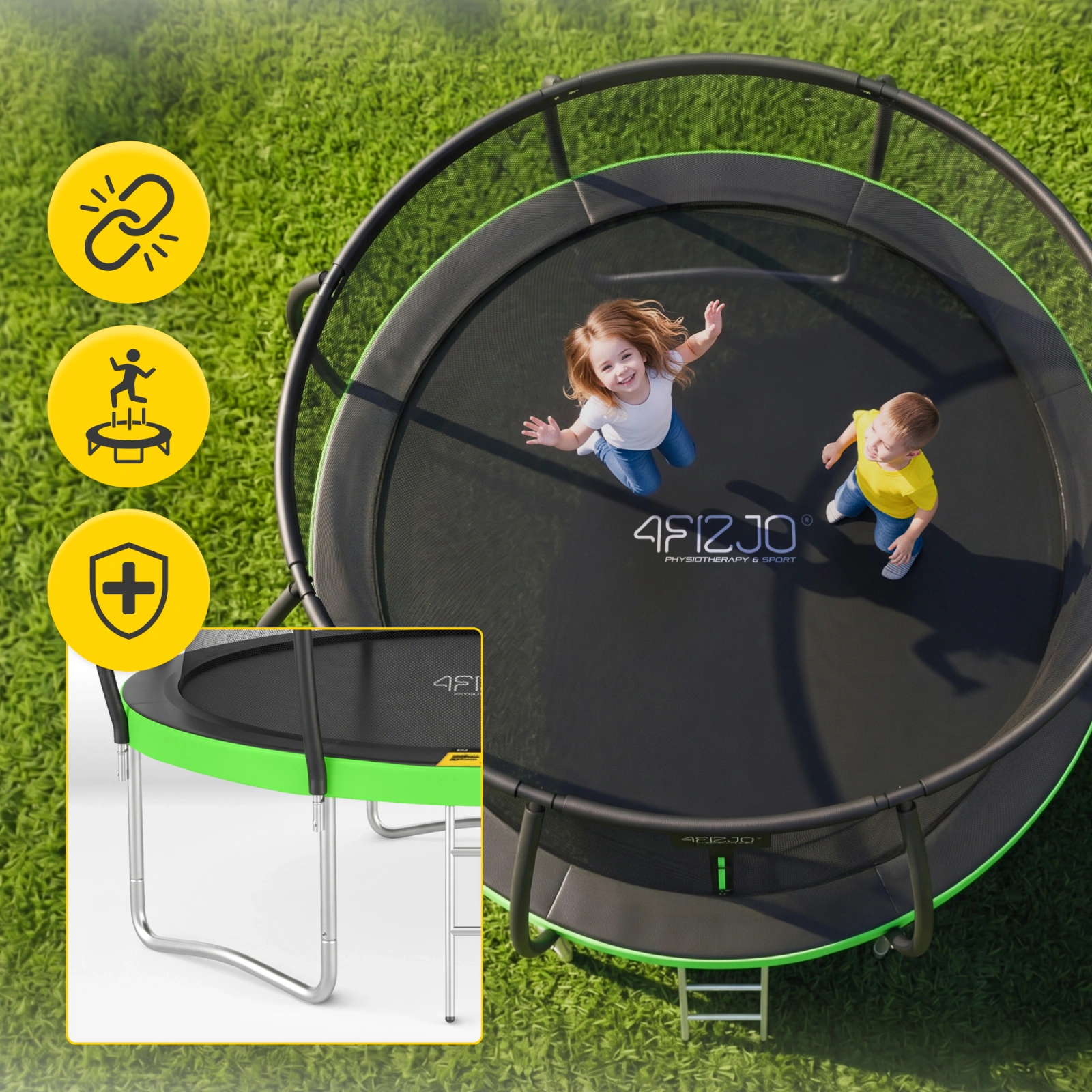 4Fizjo PRO vaikiškas sodo batutas su apsauginiu tinklu, 312 cm (10FT), žalias/juodas