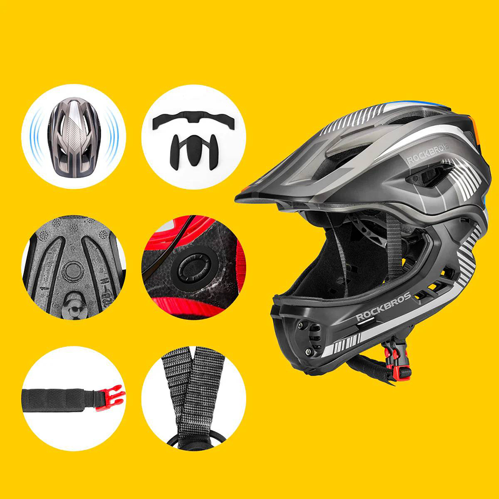 Rockbros TT-32SBTG-S vaikiškas dviratininko šalmas su nuimama smakro apsauga, S, pilkas