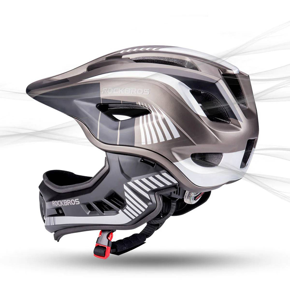 Rockbros TT-32SBTG-S vaikiškas dviratininko šalmas su nuimama smakro apsauga, S, pilkas