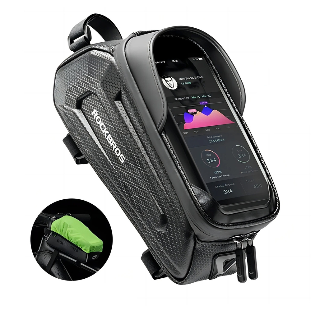 Rockbros B68 Bike Frame Bag with Phone Pocket and Cover, 1.7L, Black