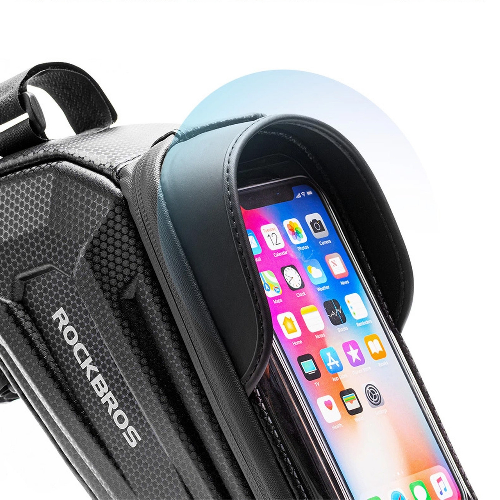 Rockbros B68 Bike Frame Bag with Phone Pocket and Cover, 1.7L, Black
