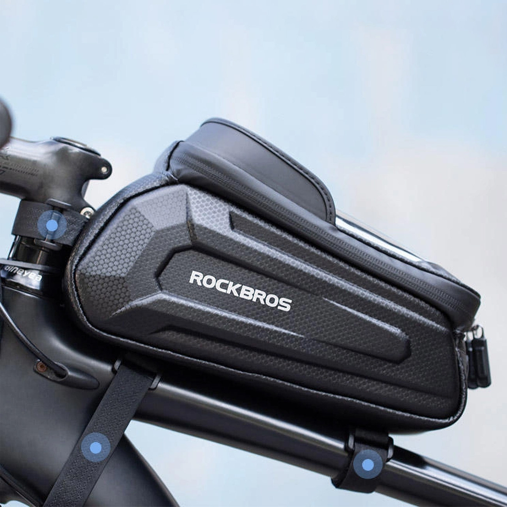 Rockbros B68 Bike Frame Bag with Phone Pocket and Cover, 1.7L, Black