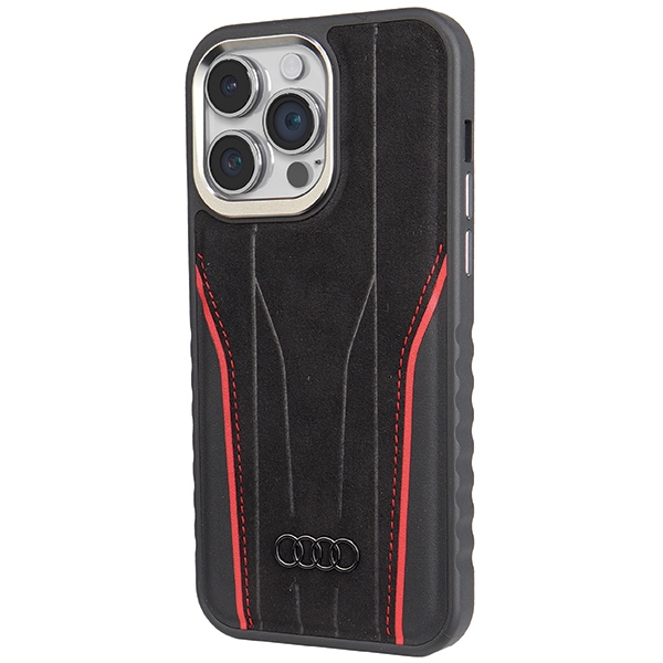 Audi dėklas iPhone 14 Pro telefonui iš tikros odos su MagSafe, juodas / raudonas