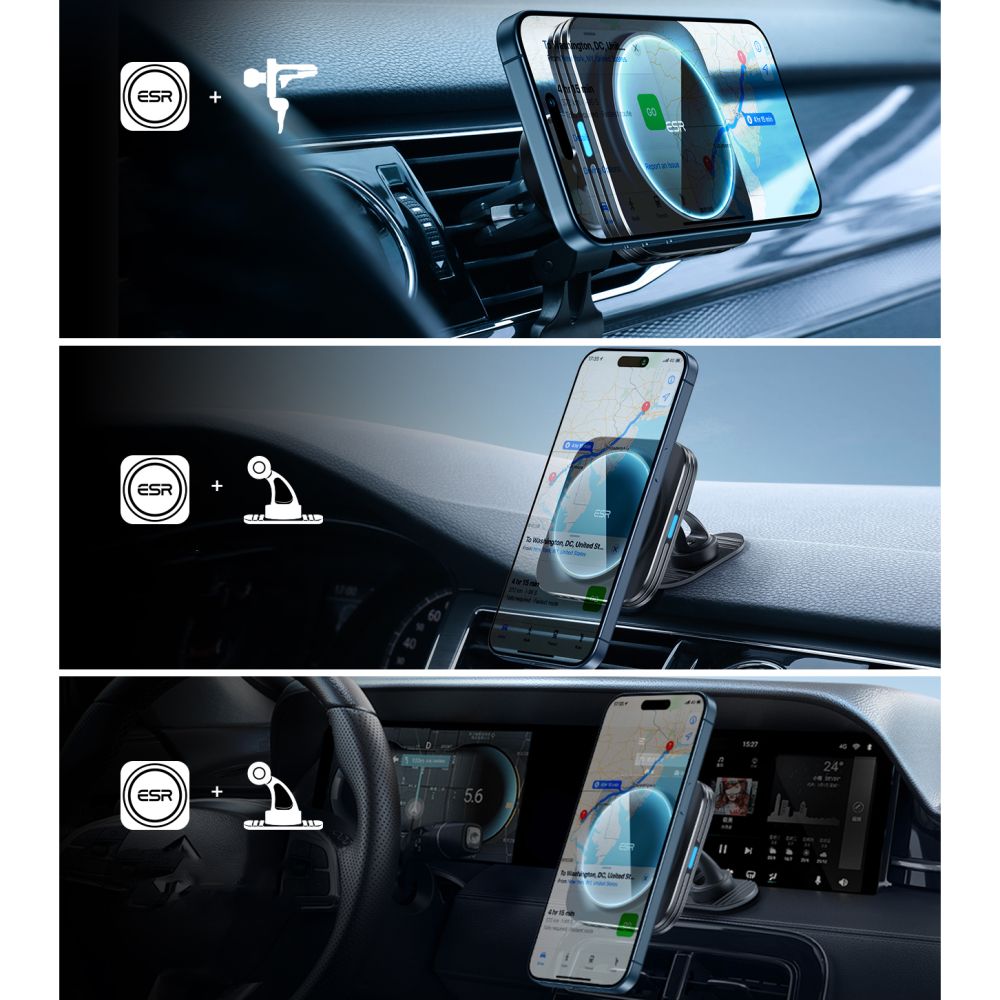 ESR Halolock Magnetic QI2 car holder with MagSafe 15W inductive charger for air vent - black
