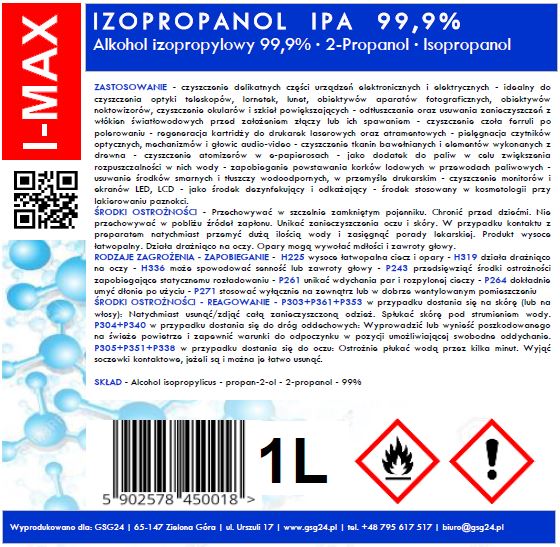 Isopropyl alcohol Isopropanol IPA I-MAX 99.9% 1L