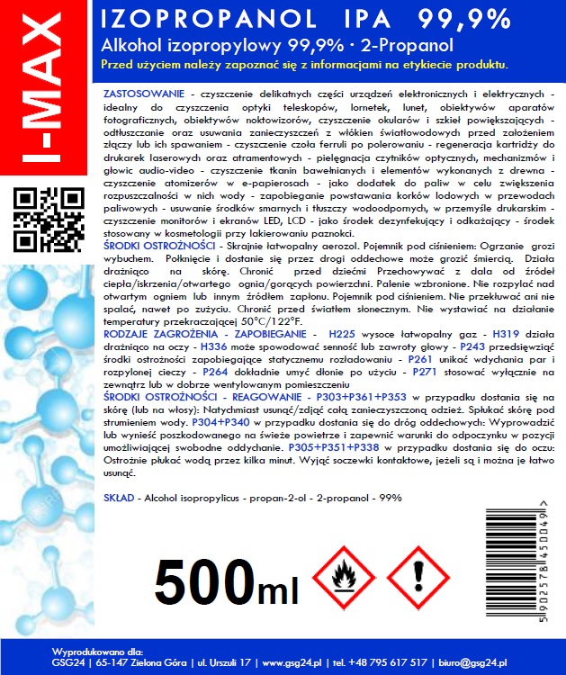 Isopropyl alcohol Isopropanol IPA I-MAX 99.9% Spray 500ML