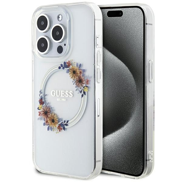 Guess IML Flowers Wreath MagSafe dėklas, skirtas iPhone 15 Pro, skaidrus