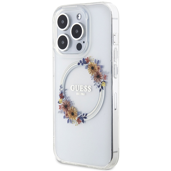 Guess IML Flowers Wreath MagSafe dėklas, skirtas iPhone 15 Pro, skaidrus