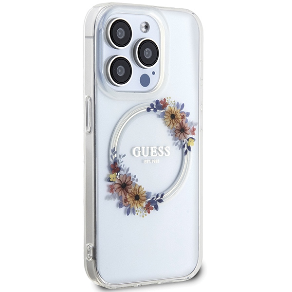 Guess IML Flowers Wreath MagSafe dėklas, skirtas iPhone 15 Pro, skaidrus