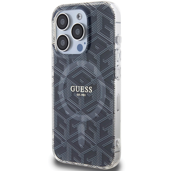 Guess IML GCube MagSafe dėklas, skirtas iPhone 15 Pro, juodas