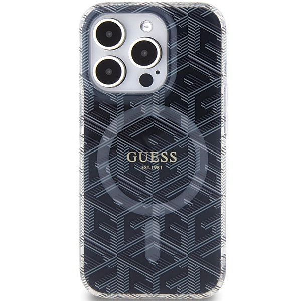 Guess IML GCube MagSafe dėklas, skirtas iPhone 15 Pro, juodas