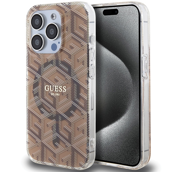 Guess IML GCube MagSafe dėklas, skirtas iPhone 15 Pro, rudas