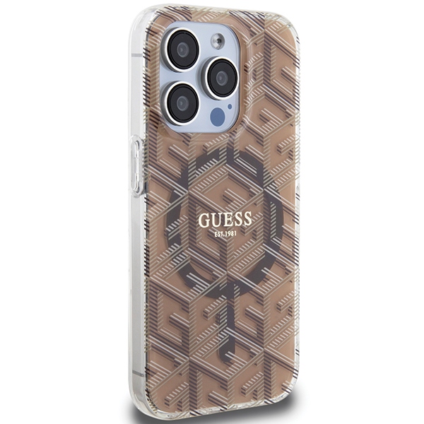 Guess IML GCube MagSafe dėklas, skirtas iPhone 15 Pro, rudas