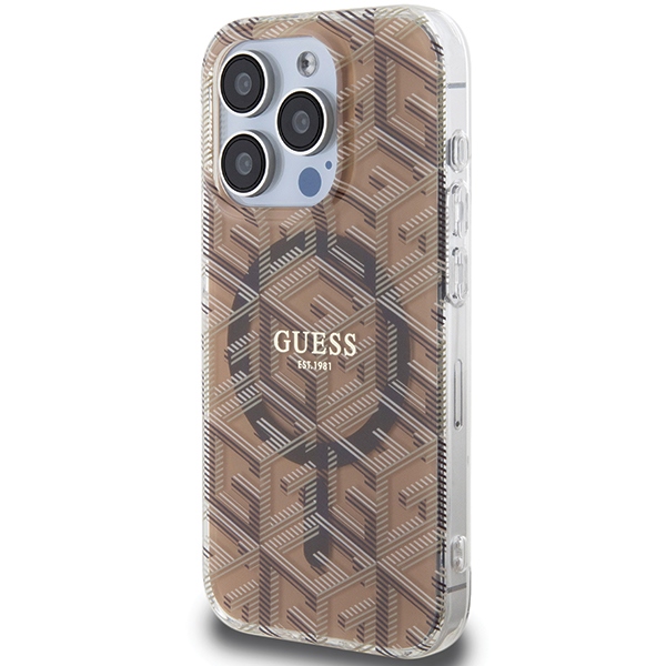 Guess dėklas iPhone 15 Pro Max telefonui IML GCube MagSafe, rudas