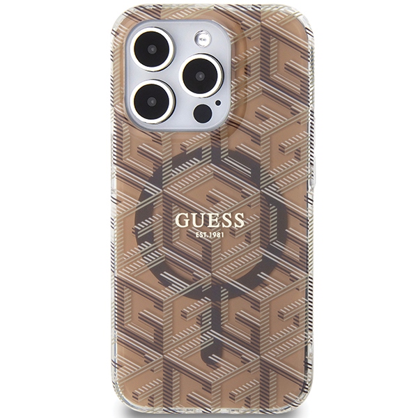 Guess dėklas iPhone 15 Pro Max telefonui IML GCube MagSafe, rudas