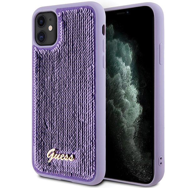 Guess dėklas iPhone 11 / Xr Sequin Script Metal, violetinis