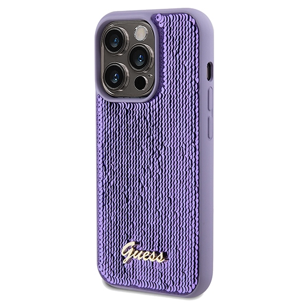 Guess dėklas iPhone 14 Pro Max telefonui Sequin Script Metal, violetinis