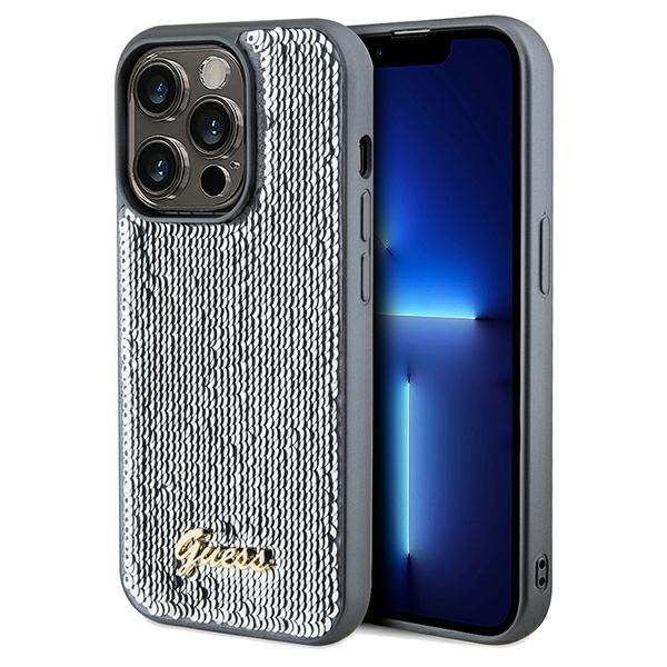 Guess iPhone 14 Pro Max Case Sequin Script Metal, Silver