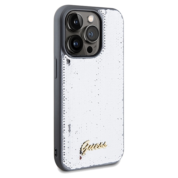 Guess dėklas iPhone 14 Pro Max telefonui Sequin Script Metal, sidabrinis