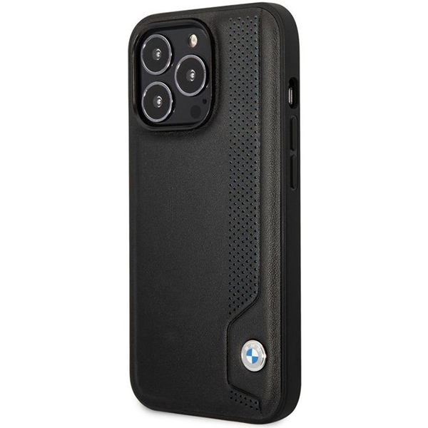 BMW dėklas iPhone 14 Pro Max telefonui Leather Blue Dots, juodas