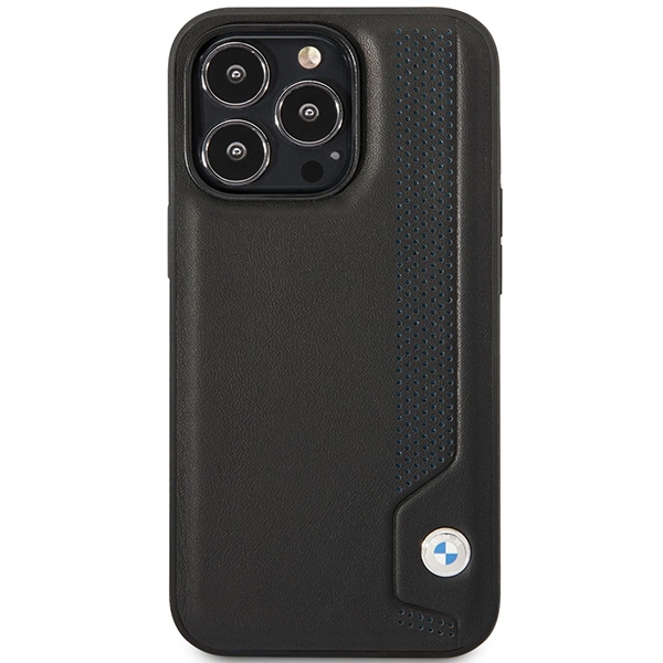 BMW dėklas iPhone 14 Pro Max telefonui Leather Blue Dots, juodas