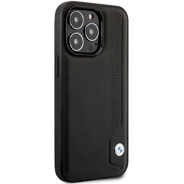 BMW dėklas iPhone 14 Pro Max telefonui Leather Blue Dots, juodas