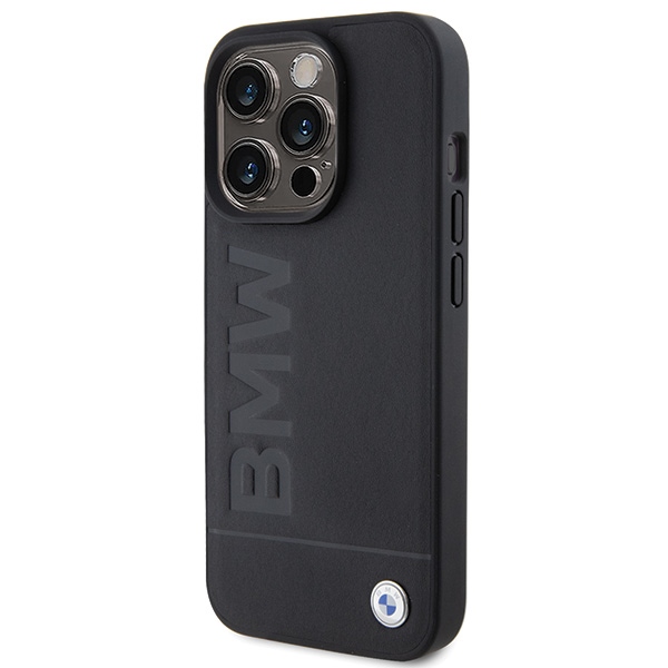 BMW dėklas iPhone 15 Pro telefonui Leather Hot Stamp MagSafe, juodas