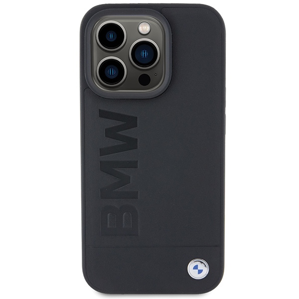 BMW dėklas iPhone 15 Pro telefonui Leather Hot Stamp MagSafe, juodas