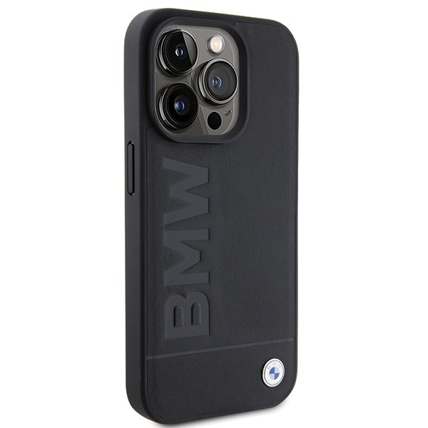 BMW dėklas iPhone 15 Pro telefonui Leather Hot Stamp MagSafe, juodas