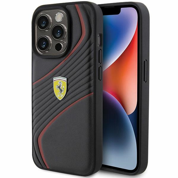 Ferrari dėklas iPhone 15 Pro telefonui Twist Metal Logo, juodas