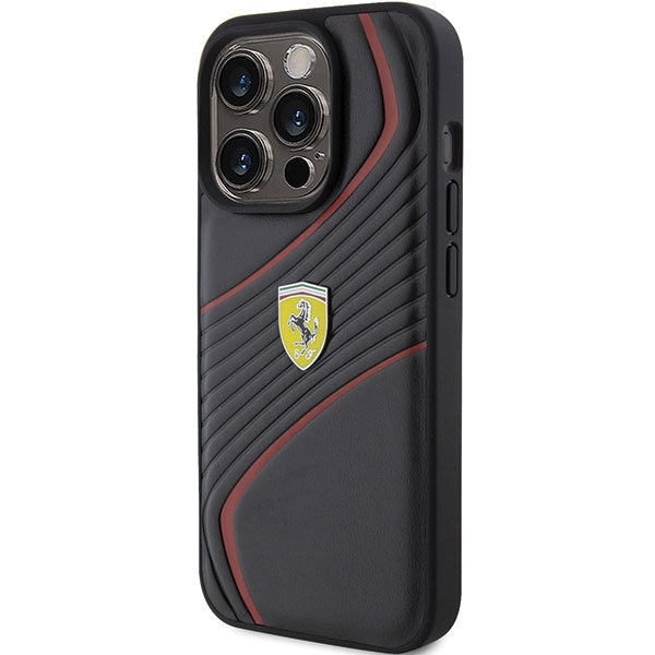 Ferrari dėklas iPhone 15 Pro telefonui Twist Metal Logo, juodas