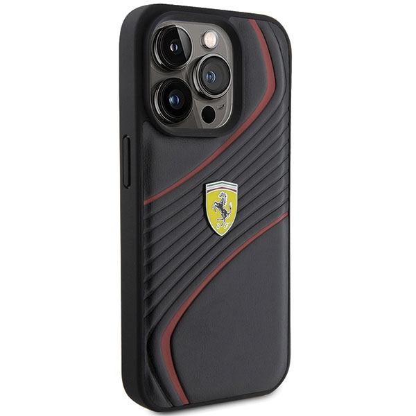 Ferrari dėklas iPhone 15 Pro telefonui Twist Metal Logo, juodas