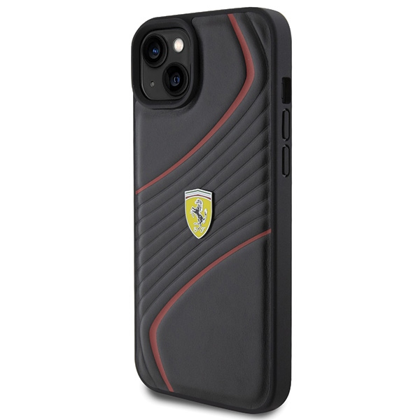 Ferrari Twist Metal Logo dėklas, skirtas iPhone 15 Plus, juodas