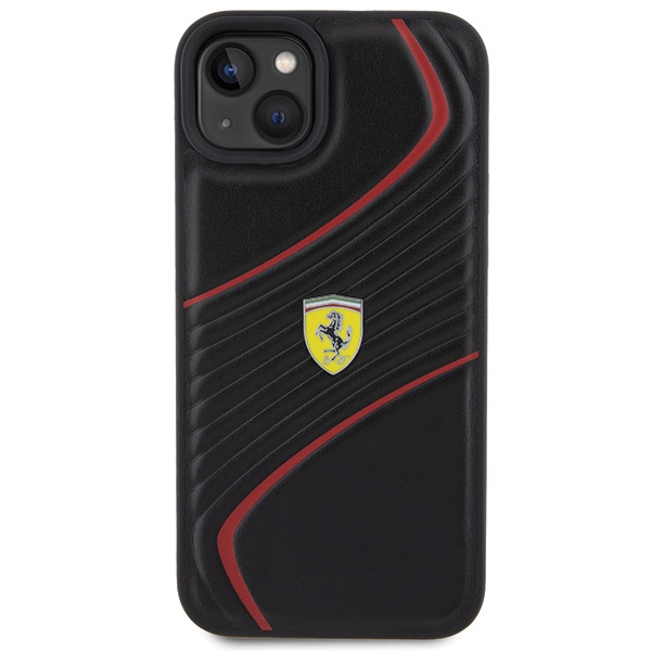 Ferrari Twist Metal Logo dėklas, skirtas iPhone 15 Plus, juodas