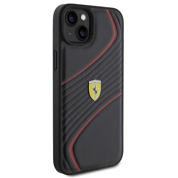 Ferrari Twist Metal Logo dėklas, skirtas iPhone 15 Plus, juodas