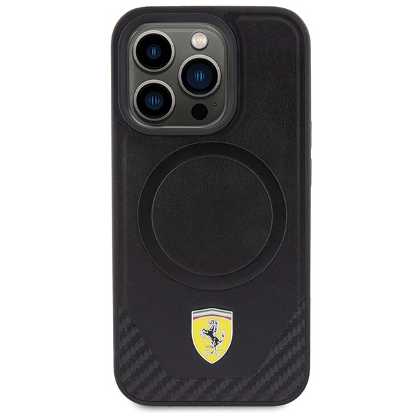 Ferrari dėklas iPhone 15 Pro telefonui Carbon Metal Logo MagSafe, juodas