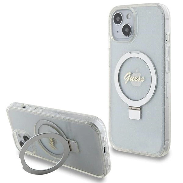 Guess Ring Stand Script Glitter MagSafe dėklas iPhone 15 / 14 / 13, skaidrus