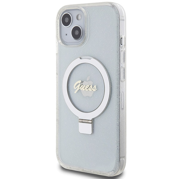 Guess Ring Stand Script Glitter MagSafe dėklas iPhone 15 / 14 / 13, skaidrus