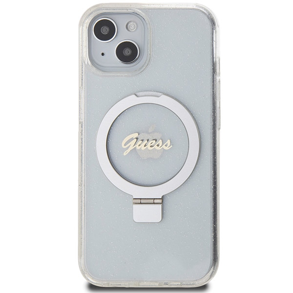 Guess Ring Stand Script Glitter MagSafe dėklas iPhone 15 / 14 / 13, skaidrus