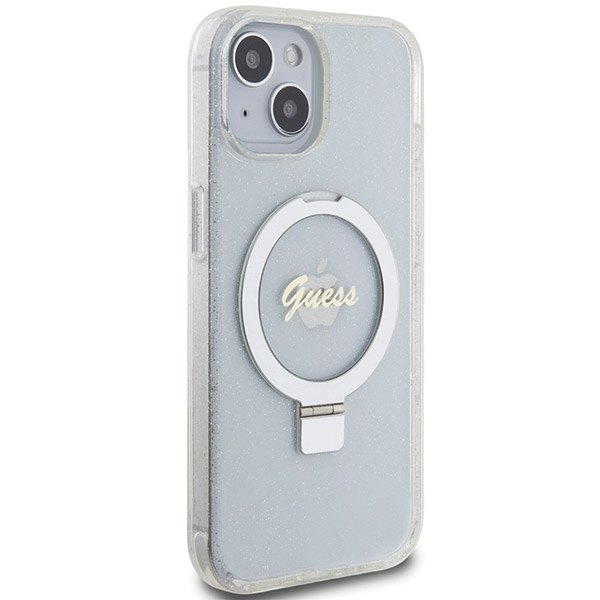 Guess Ring Stand Script Glitter MagSafe dėklas iPhone 15 / 14 / 13, skaidrus