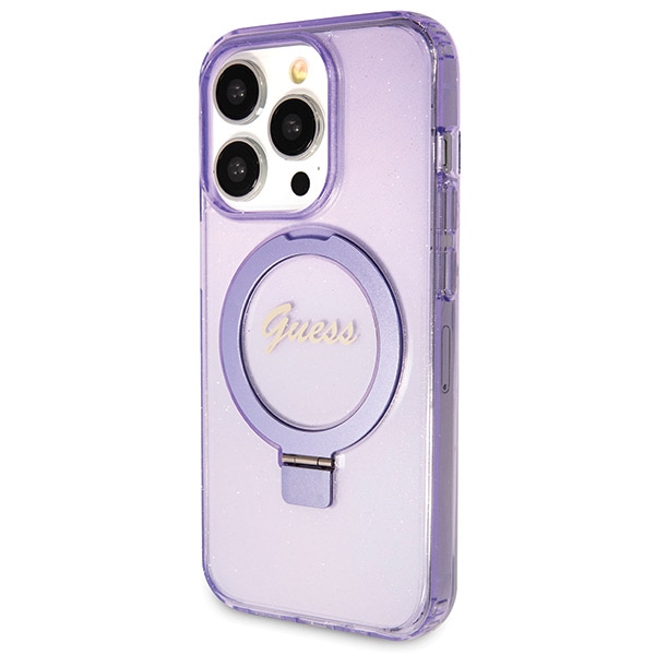 Guess Ring Stand Script Glitter MagSafe dėklas iPhone 14 Pro Max, violetinis