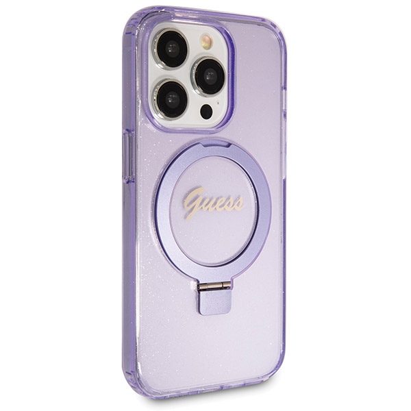 Guess Ring Stand Script Glitter MagSafe dėklas iPhone 14 Pro Max, violetinis