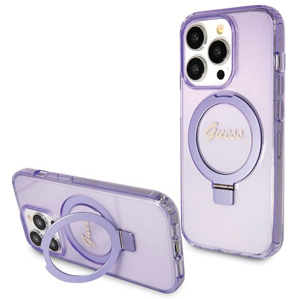 Guess iPhone 13 / 13 Pro Case Ring Stand Script Glitter MagSafe, Purple