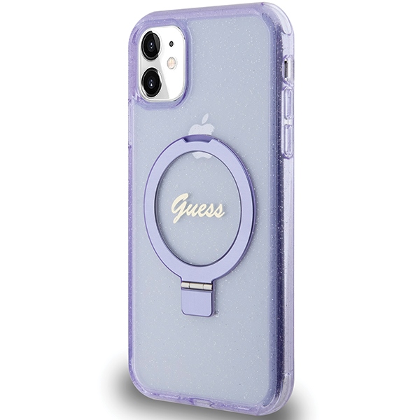 Guess Ring Stand Script Glitter MagSafe dėklas iPhone 11 / XR, violetinis